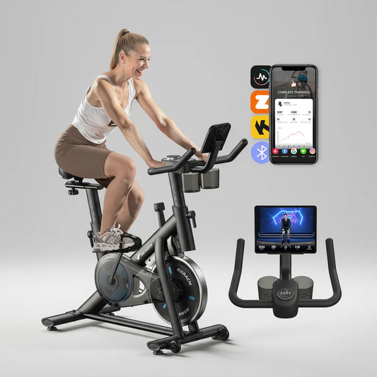 Black stationary exercise bike with Bluetooth app connection and adjustable seat for home workouts